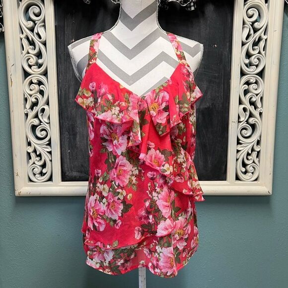 Kut from the Kloth Pink Floral Ruffle Top - Picture 1 of 7
